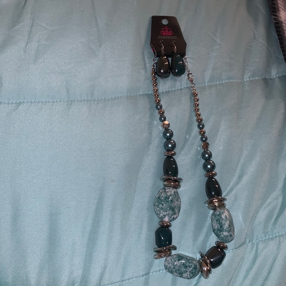 Green and silver paparazzi necklace and earring set